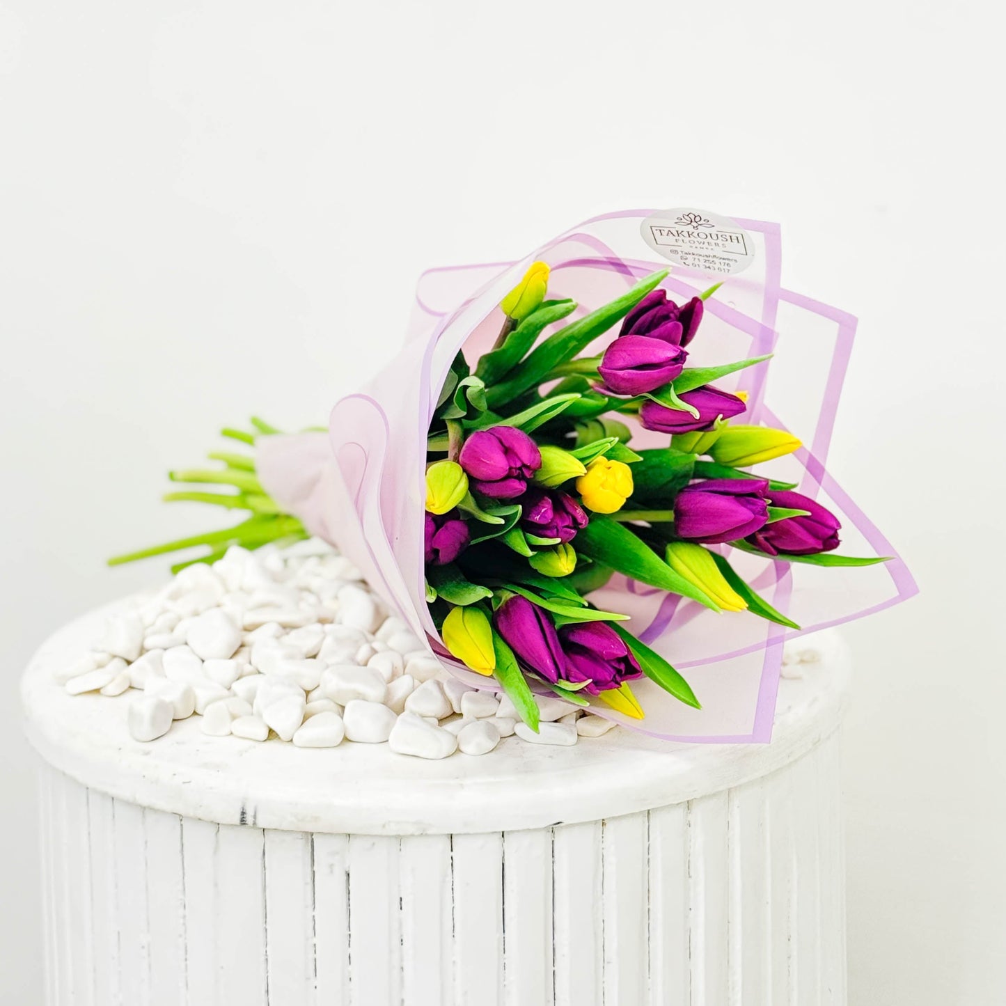 Hand Wrapped Purple & Yellow Tulips
