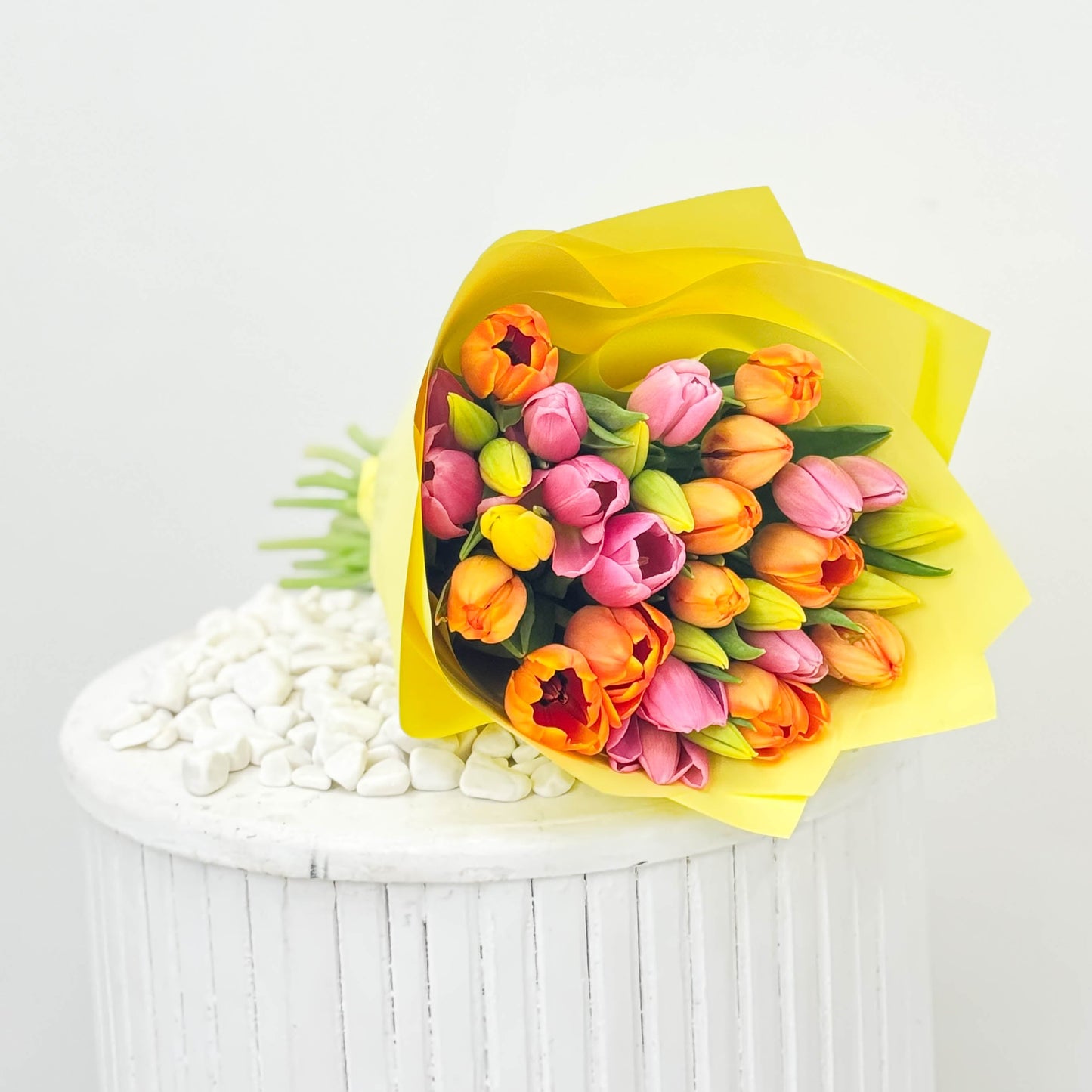 Hand Wrapped Pink & Yellow & Orange Tulips