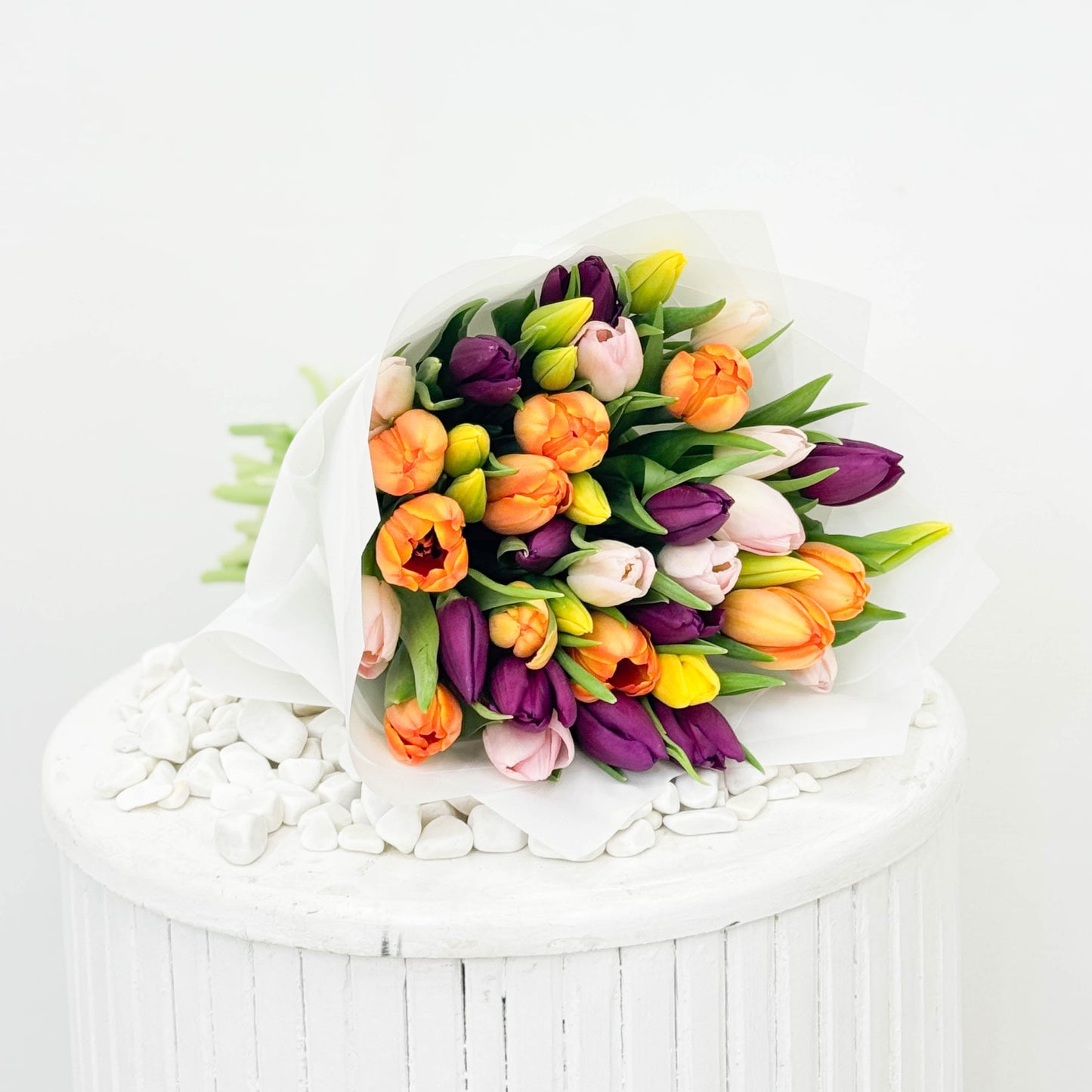 Hand Wrapped White & Yellow & Orange & Purple Tulips