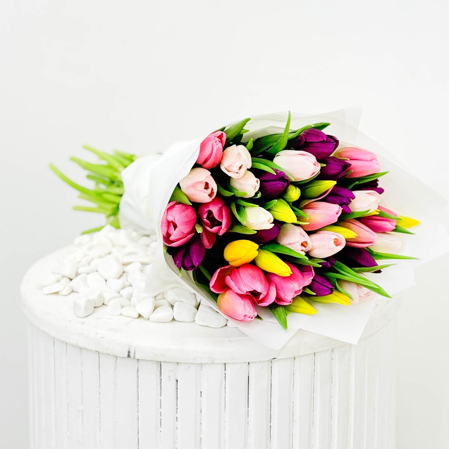 Hand Wrapped Pink & Yellow & Purple Tulips