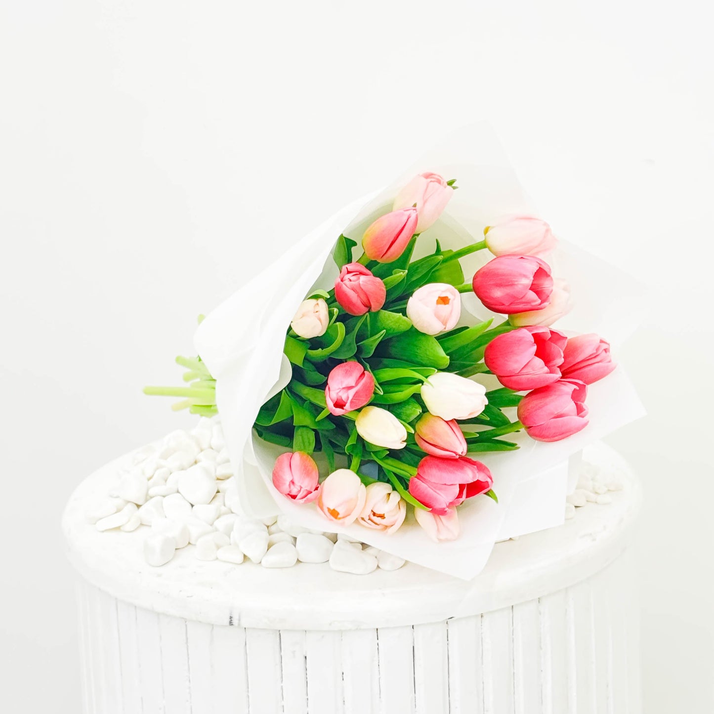 Hand Wrapped Pink & White Tulips