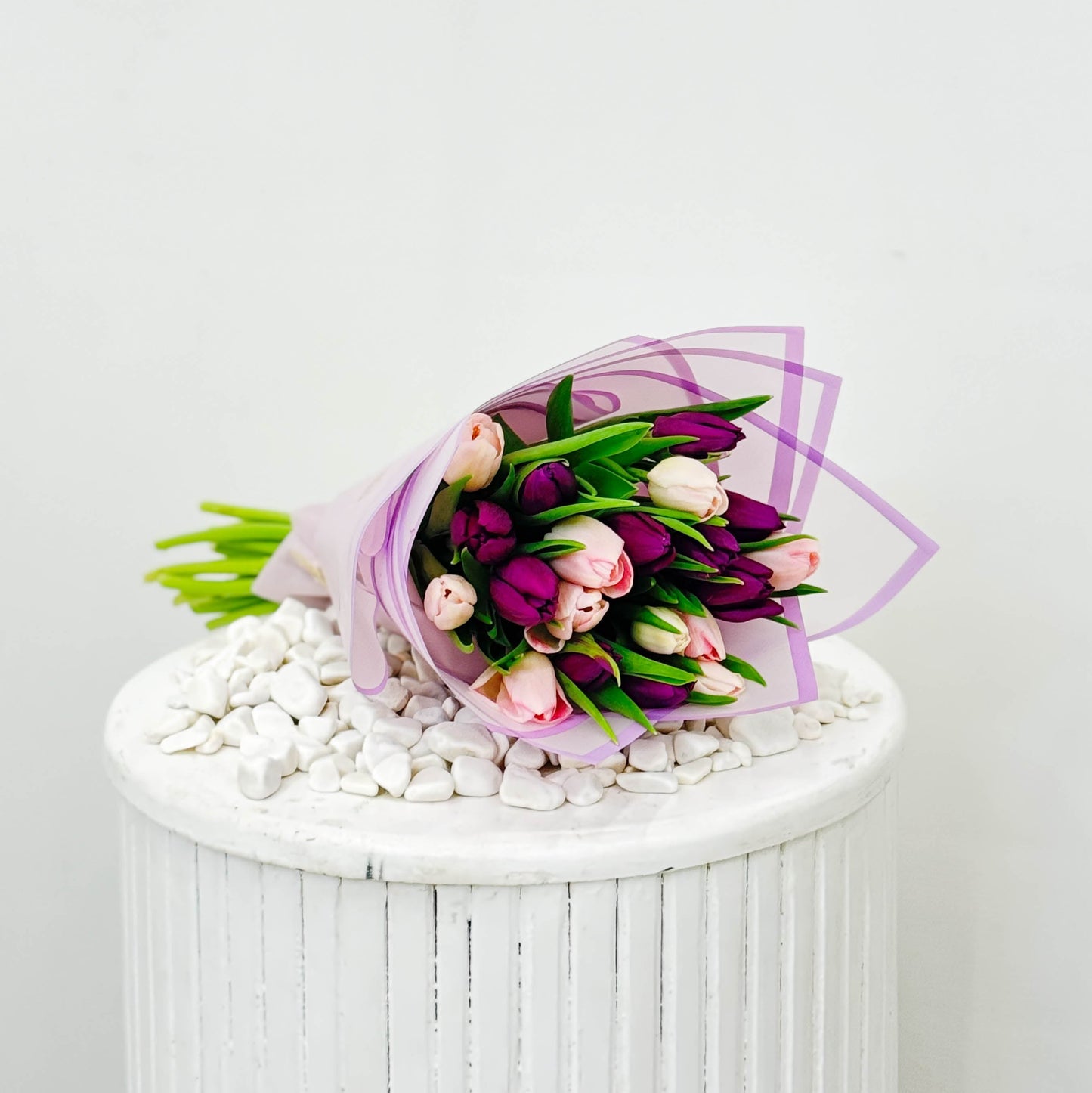 Hand Wrapped Purple & White Tulips