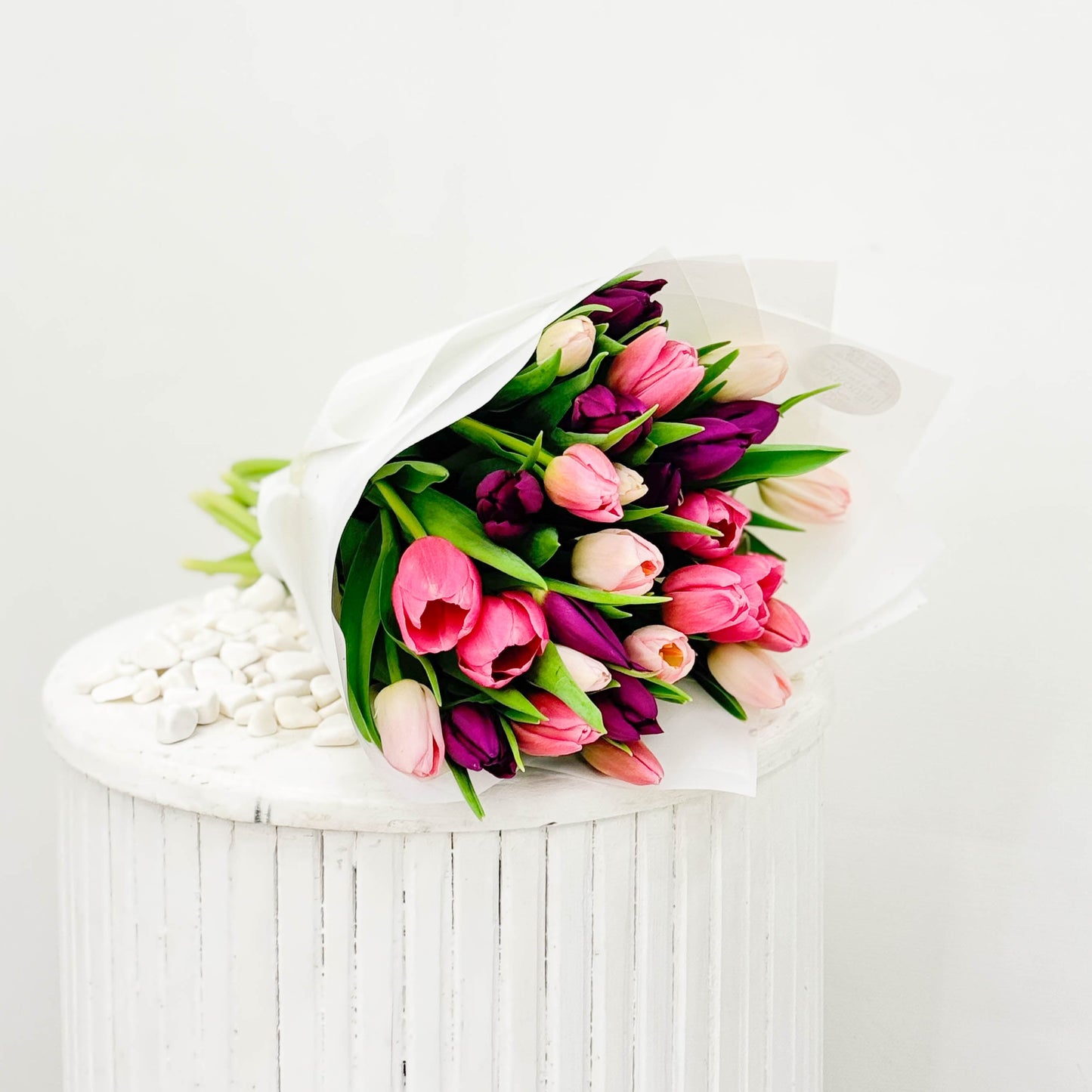 Hand Wrapped Pink & Purple & White Tulips