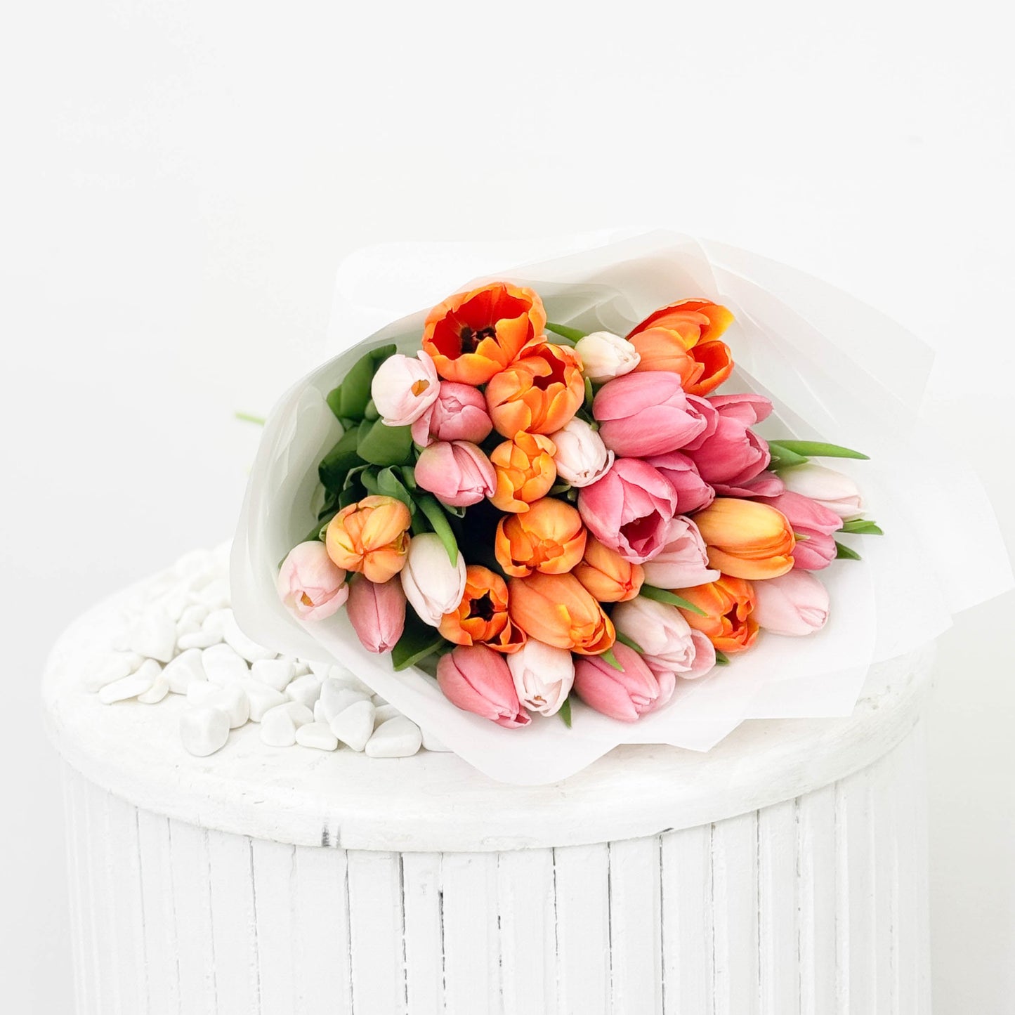 Hand Wrapped Pink & White & Orange Tulips