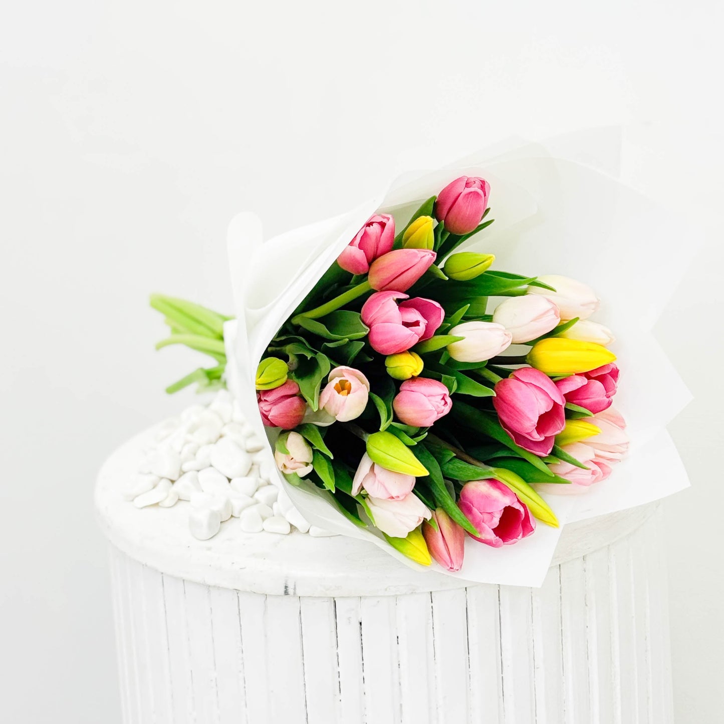 Hand Wrapped Pink & Yellow & White Tulips