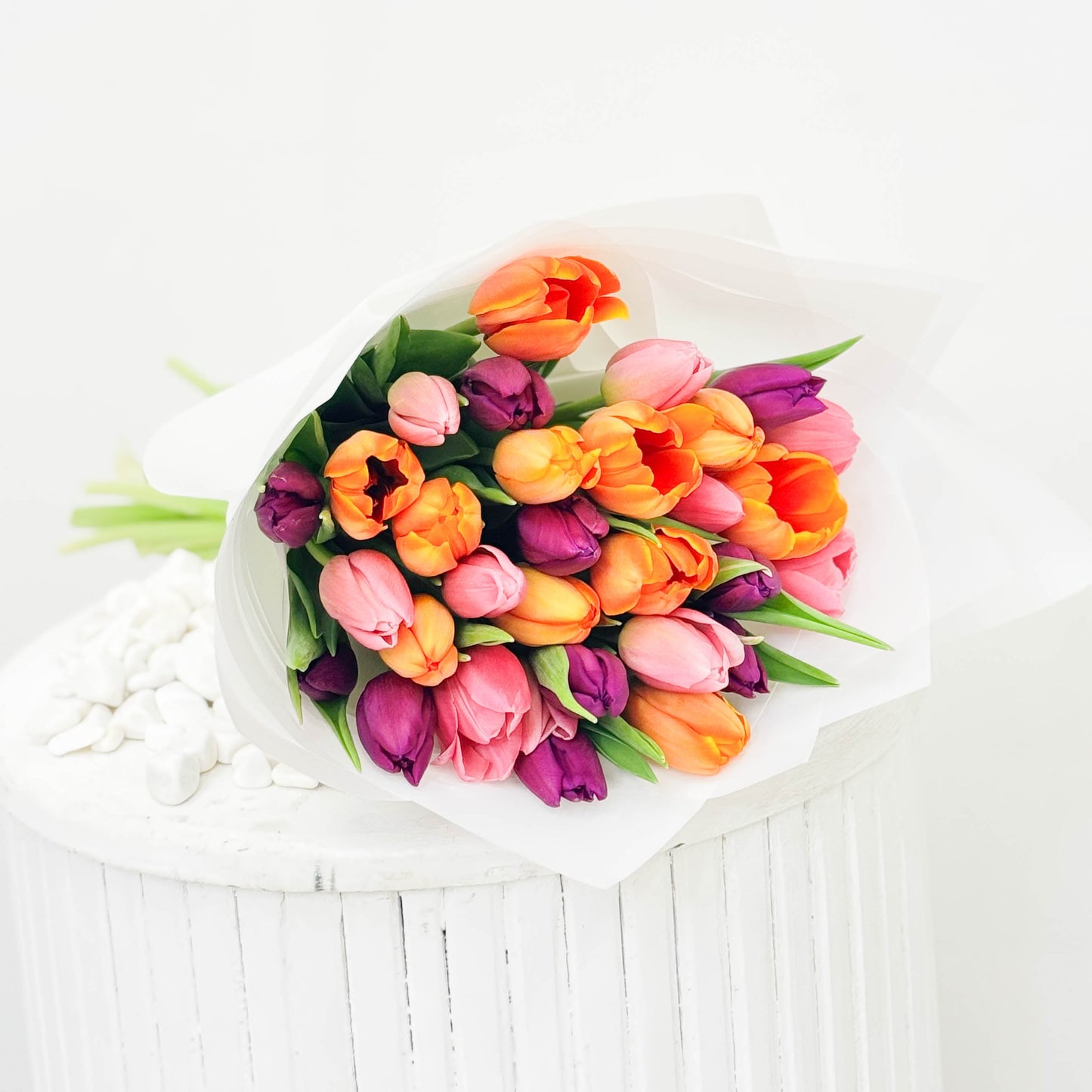 Hand Wrapped Pink & Puple & Orange Tulips