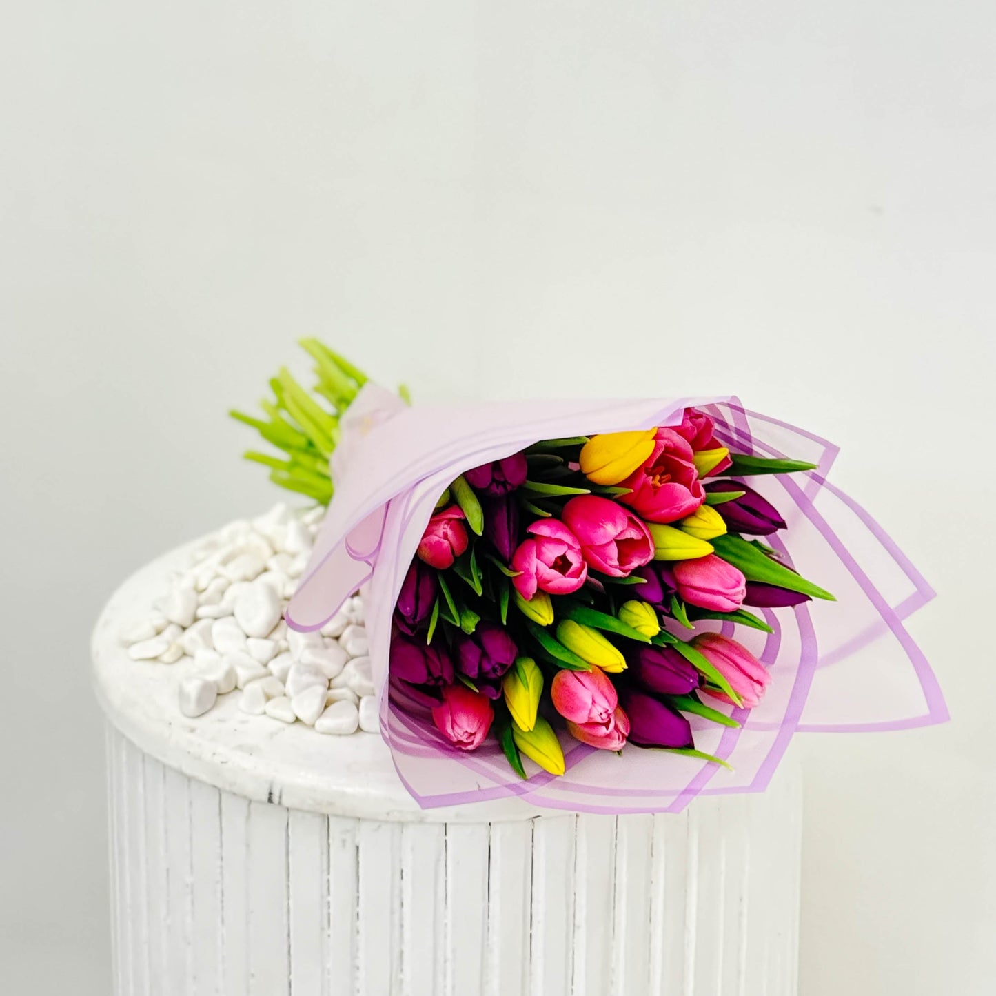 Hand Wrapped Pink & Puple & Yellow Tulips