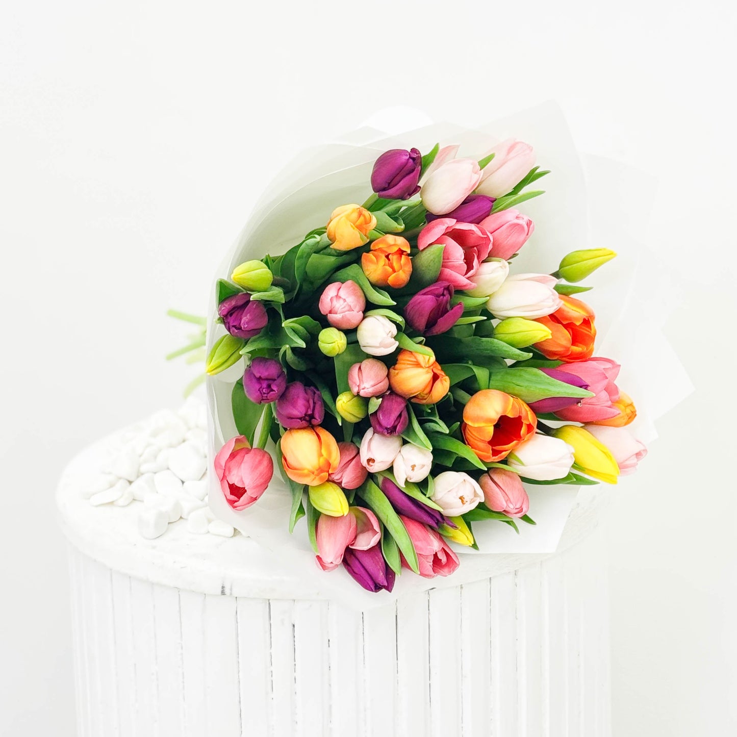 Hand Wrapped Pink & Yellow & Orange  & Purple Tulips