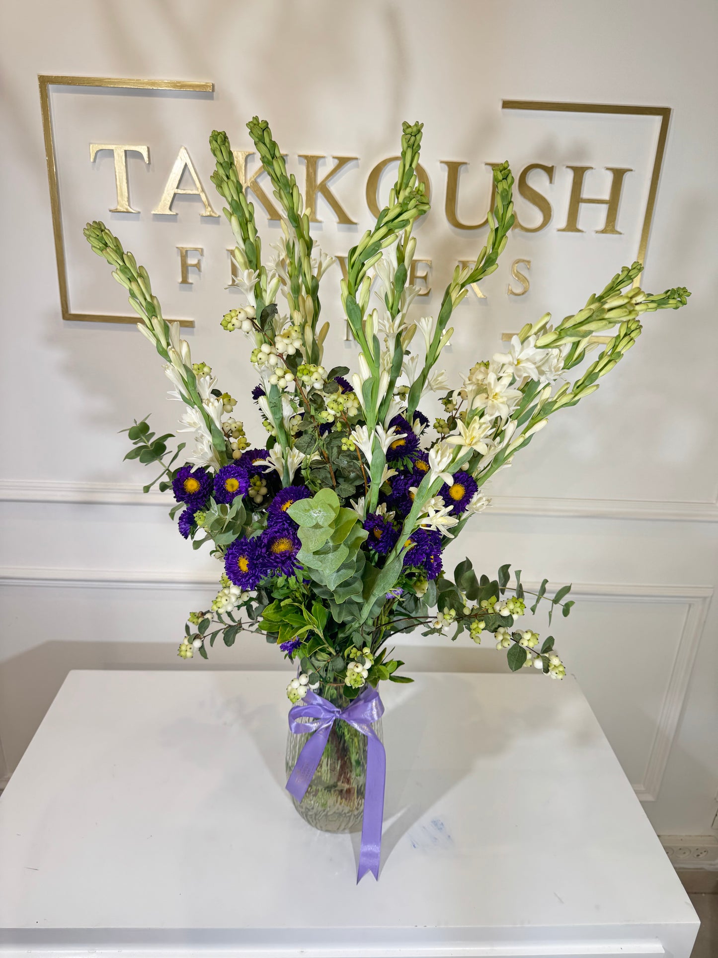 Tuberose & Purple Aster Vase Arrangement