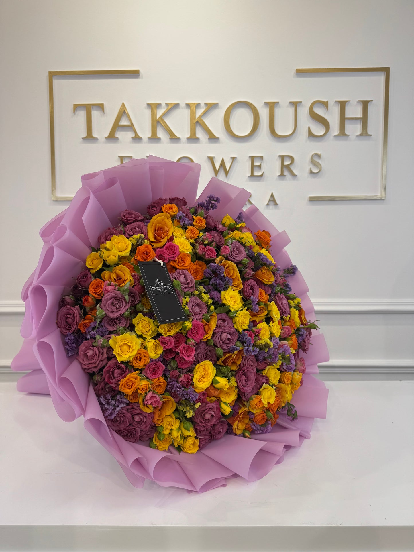 Yellow, Orange & Lavender Rose Bouquet – Golden Plum Symphony