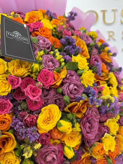 Yellow, Orange & Lavender Rose Bouquet – Golden Plum Symphony