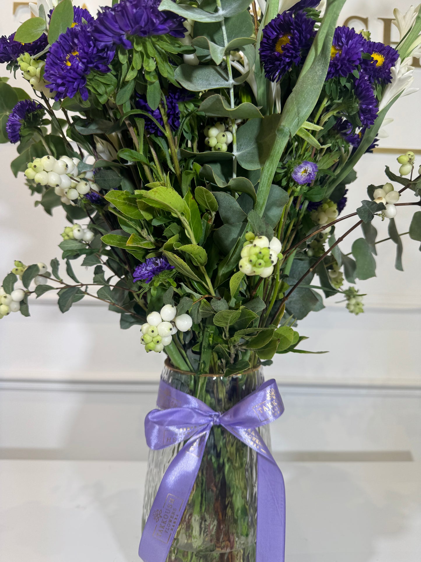 Tuberose & Purple Aster Vase Arrangement